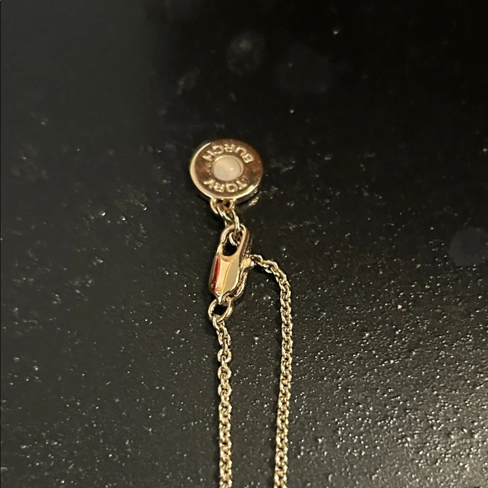 Tory Burch Gold and Silver Pearl Logo Charm Necklace